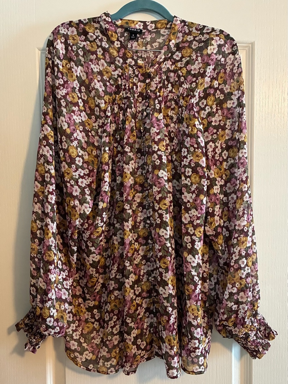 Torrid Multi Floral Chiffon V-Neck Button Long Sleeve Blouse Top Women’s 3 XXXL